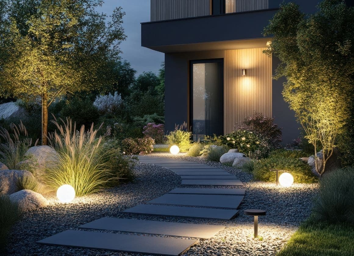 Aménagement extérieur avec éclairage paysager et balisage lumineux le long d’une allée menant à une habitation moderne.