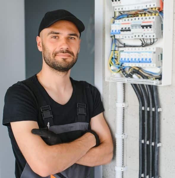 Électricien professionnel devant un tableau électrique dans une habitation.